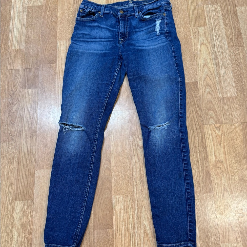 7 For All Mankind Blue Skinny Jeans Distressed Stretch